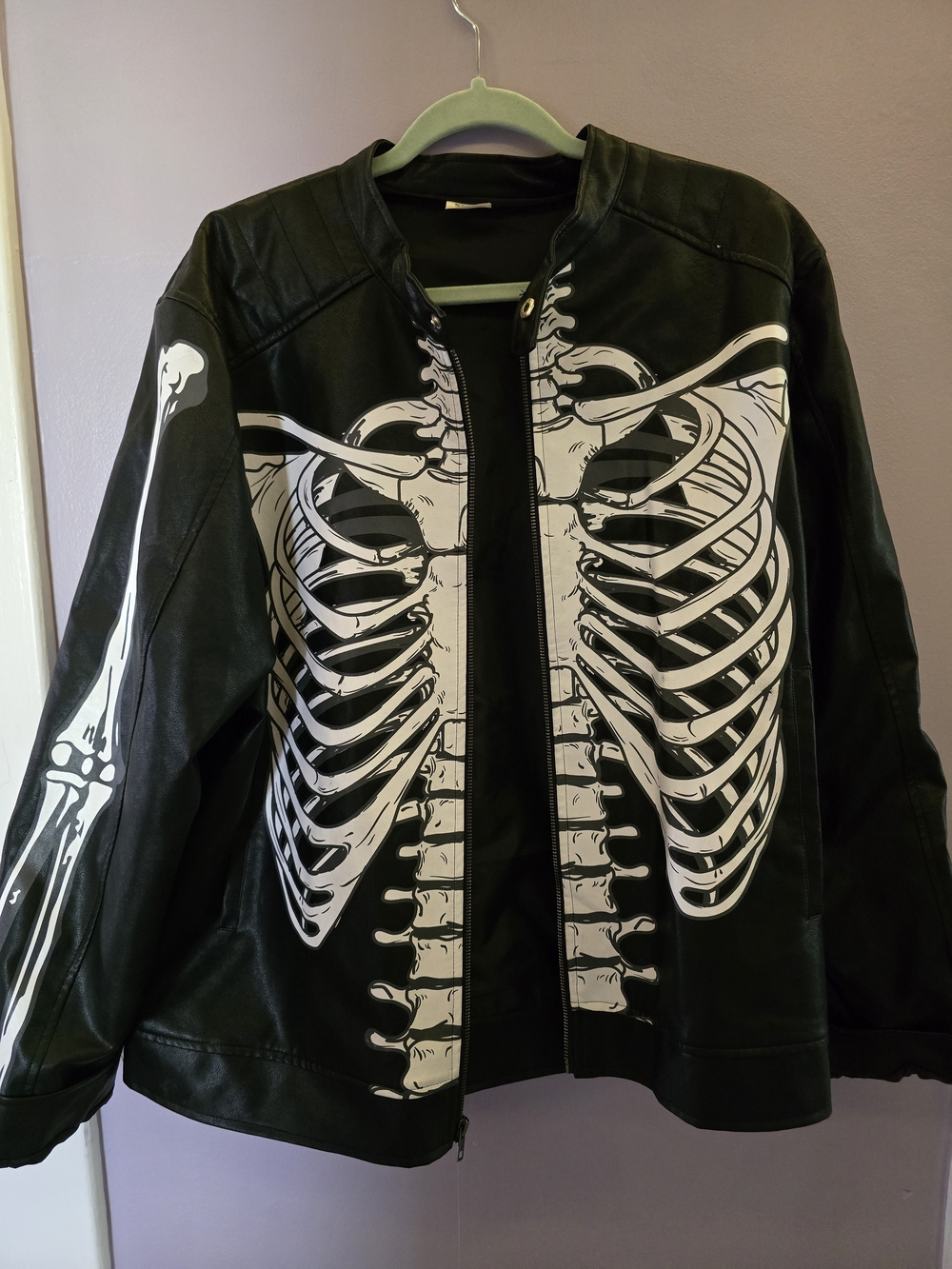 Spirit Halloween Black Faux Leather Bomber Jacket with White Skeleton Print